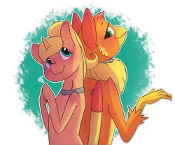 Size: 1907x1577 | Tagged: artist needed, safe, derpibooru import, oc, oc:amber wing, oc:script write, unofficial characters only, gryphon, unicorn, abstract background, back to back, collar, looking at each other, nervous, smiling, standing
