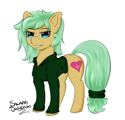 Size: 971x934 | Tagged: safe, artist:salamishowdown, derpibooru import, oc, oc:blossom heart, unofficial characters only, pony, band, cutie mark, simple background, solo, sweatshirt, transparent background