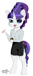 Size: 1098x2529 | Tagged: anthro, artist:salamishowdown, chibi, clothes, derpibooru import, female, lip gloss, lipstick, notepad, pencil, rarity, safe, shirt, side slit, simple background, skirt, solo, transparent background, unguligrade anthro