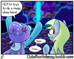 Size: 1280x1028 | Tagged: safe, artist:outofworkderpy, artist:wiggles, derpibooru import, derpy hooves, trixie, pegasus, pony, unicorn, ask king sombra, comic:a derpy magic show, cape, clothes, comic, female, funny, hat, magic show, magic trick, mare, outofworkderpy, shot seen around the world, sweatdrop, trixie's cape, trixie's hat, tumblr, tumblr comic