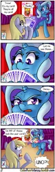 Size: 1280x4000 | Tagged: safe, artist:outofworkderpy, derpibooru import, derpy hooves, trixie, oc, oc:brownie bun, pegasus, pony, unicorn, comic:a derpy magic show, horse wife, cape, card trick, clothes, comic, duo, duo female, female, funny, hat, magic show, magic trick, mare, outofworkderpy, stage, trixie's cape, trixie's hat, tumblr, tumblr comic, uno