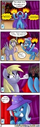 Size: 1280x4000 | Tagged: safe, artist:outofworkderpy, derpibooru import, derpy hooves, trixie, oc, oc:brownie bun, pegasus, pony, unicorn, comic:a derpy magic show, horse wife, cape, card trick, clothes, comic, female, fire, funny, grin, hat, magic show, magic trick, mare, outofworkderpy, smiling, stage, trixie's cape, trixie's hat, tumblr, tumblr comic