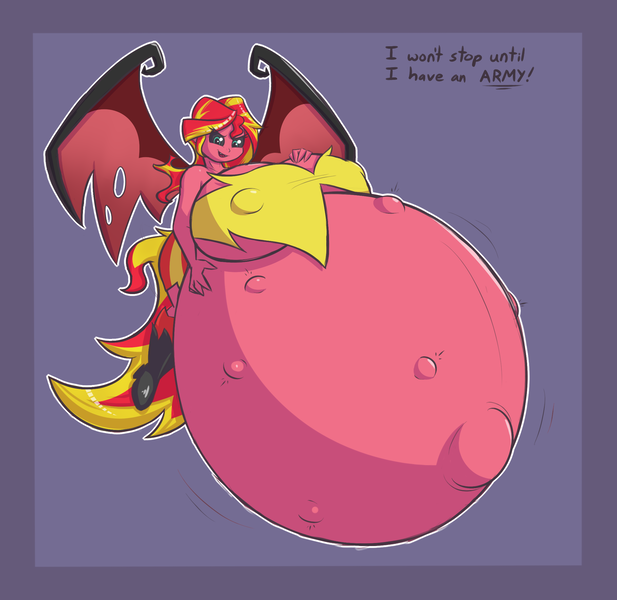 Size: 2239x2179 | Tagged: questionable, artist:funble, derpibooru import, sunset shimmer, series:strange properties of equestrian magic, equestria girls, belly, belly button, big belly, big breasts, breasts, busty sunset satan, busty sunset shimmer, female, huge breasts, hyper, hyper pregnancy, impossibly large belly, impossibly large breasts, kicking, pregnant, pregnant expansion, simple background, sunset preggers, sunset satan, wings