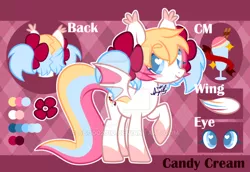 Size: 800x549 | Tagged: safe, artist:snow angel, derpibooru import, oc, oc:candy cream, unofficial characters only, bat pony, pony, female, heart eyes, mare, reference sheet, solo, watermark, wingding eyes