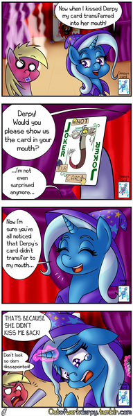 Size: 1280x4000 | Tagged: safe, artist:outofworkderpy, derpibooru import, derpy hooves, discord, trixie, oc, oc:brownie bun, pegasus, pony, unicorn, comic:a derpy magic show, horse wife, blushing, cape, card trick, clothes, comic, crying, fake crying, fake tears, female, hat, magic show, magic trick, mare, outofworkderpy, stage, steam, trixie's cape, trixie's hat, tumblr, tumblr comic