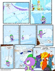 Size: 1275x1650 | Tagged: safe, artist:dsana, derpibooru import, spike, oc, dragon, pony, unicorn, comic:the shadow shard, bully, bullying, canterlot, colt, comic, flashback, hoofprints, magic, male, snow, snowpony, winter, younger