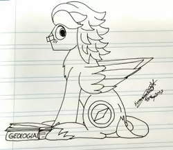 Size: 1385x1198 | Tagged: safe, artist:summerium, derpibooru import, oc, oc:summer lights, unofficial characters only, pegasus, pony, blushing, book, geology, glasses, lined paper, male, sitting, spanish, text, traditional art