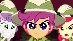 Size: 1280x720 | Tagged: safe, derpibooru import, screencap, apple bloom, scootaloo, sweetie belle, eqg summertime shorts, equestria girls, the canterlot movie club, angry, cutie mark crusaders, determined, hat, worried