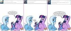 Size: 1808x800 | Tagged: safe, artist:dekomaru, derpibooru import, trixie, twilight sparkle, oc, oc:nebula, pony, tumblr:ask twixie, ask, colt, family, female, lesbian, magical lesbian spawn, male, offspring, parent:trixie, parent:twilight sparkle, parents:twixie, pregnant, shipping, tumblr, twixie