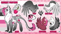 Size: 3840x2160 | Tagged: safe, artist:kez, derpibooru import, oc, oc:cherry feather, oc:gallagher, oc:zeny, unofficial characters only, gryphon, hippogriff, pegasus, pony, abstract background, beak, chest fluff, claws, female, hooves, looking at you, male, oc x oc, offspring, parent, parent:oc:gallagher, parent:oc:zeny, parents:oc x oc, reference sheet, shipping, solo focus, tail feathers, wings