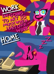 Size: 419x580 | Tagged: safe, artist:threetwotwo32232, derpibooru import, oc, oc:fizzy pop, unofficial characters only, unicorn, chair, comic, computer mouse, eye shimmer, keyboard, necktie, newbie artist training grounds, sleeping, solo, starry eyes, sunburst background, text, wingding eyes, zzz