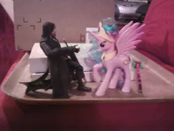 Size: 1280x960 | Tagged: safe, derpibooru import, princess celestia, pony, action figure, aragorn, brushable, irl, kneeling, lord of the rings, photo, pinklestia, sword, toy, weapon