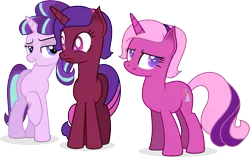 Size: 8313x5231 | Tagged: safe, artist:illumnious, derpibooru import, starlight glimmer, oc, oc:aura midnight, oc:flares midnight, pony, absurd resolution, female, lidded eyes, mare, simple background, smiling, transparent background, trio, vector