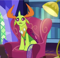 Size: 616x604 | Tagged: safe, derpibooru import, screencap, thorax, changedling, changeling, triple threat, armchair, cropped, king thorax, sitting, solo