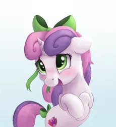 Size: 1024x1115 | Tagged: safe, artist:vanillaghosties, derpibooru import, sweetie belle, pony, unicorn, blushing, bow, cute, diasweetes, female, filly, floppy ears, gradient background, hair bow, heart eyes, open mouth, smiling, solo, tail bow, wingding eyes