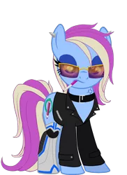 Size: 1390x1907 | Tagged: safe, derpibooru import, oc, oc:eve scintilla, oc:plasmic snake, unofficial characters only, cyborg, earth pony, pony, 80's fashion, 80's future fashion, alternate universe, badass, base used, cigarette, clothes, collar, eyeshadow, jacket, leather jacket, makeup, mechanical legs, molecule, neon, piercing, retrowave, robotic legs, simple background, smoking, sunglasses, tattoo, trace, transparent background, vector