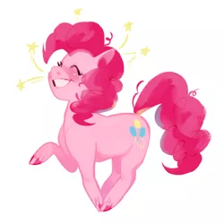 Size: 2284x2284 | Tagged: safe, artist:tomoe-chi, derpibooru import, pinkie pie, earth pony, pony, colored hooves, cute, diapinkes, eyes closed, female, high res, mare, prancing, raised hoof, simple background, smiling, solo, stars, unshorn fetlocks, white background