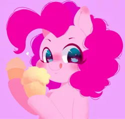 Size: 1440x1371 | Tagged: safe, artist:koto, derpibooru import, pinkie pie, pony, cupcake, cute, diapinkes, food, heart, hoof hold, simple background, smiling, solo, tongue out