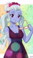 Size: 454x800 | Tagged: safe, artist:uotapo, derpibooru import, edit, silver spoon, sugarcoat, equestria girls, blushing, breasts, cleavage, clothes, cropped, cute, dress, female, flower, glasses, looking at you, offscreen character, smiling, sugarcute