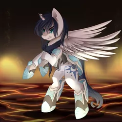 Size: 2512x2512 | Tagged: safe, artist:airiniblock, derpibooru import, oc, oc:prince nova, unofficial characters only, alicorn, pony, alicorn oc, armor, commission, featureless crotch, male, rcf community, rearing, serious, serious face, solo, stallion, ych result