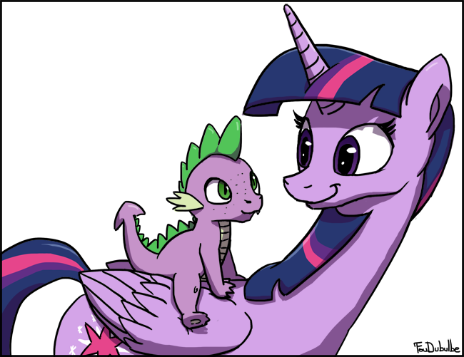 Size: 650x501 | Tagged: safe, artist:foudubulbe, derpibooru import, spike, twilight sparkle, twilight sparkle (alicorn), alicorn, dragon, pony, be advised, dragons riding ponies, female, freckles, looking at each other, mare, riding, simple background, smiling, white background