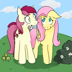Size: 2000x2000 | Tagged: safe, artist:rivalcat, derpibooru import, fluttershy, roseluck, earth pony, pegasus, pony, blushing, colored sketch, female, flower, flower in mouth, folded wings, looking at each other, mare, mouth hold, no pupils, roseshy, standing