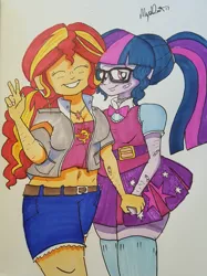 Size: 959x1280 | Tagged: safe, artist:missmayaleanne, derpibooru import, sci-twi, sunset shimmer, twilight sparkle, equestria girls, bandaid, belly button, breasts, cutie mark on clothes, eyes closed, female, holding hands, lesbian, looking at you, peace sign, scitwishimmer, shipping, simple background, smiling, sunsetsparkle, traditional art