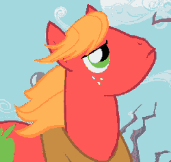 Size: 256x243 | Tagged: safe, derpibooru import, screencap, big macintosh, pony, family appreciation day, animated, dramatic, freckles, gif, male, serious, shit just got real, solo, stallion, windswept mane
