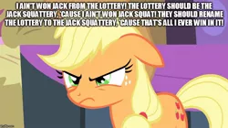 Size: 888x499 | Tagged: safe, derpibooru import, edit, edited screencap, screencap, applejack, earth pony, pony, angry, floppy ears, image macro, imgflip, meme, squidbillies, text