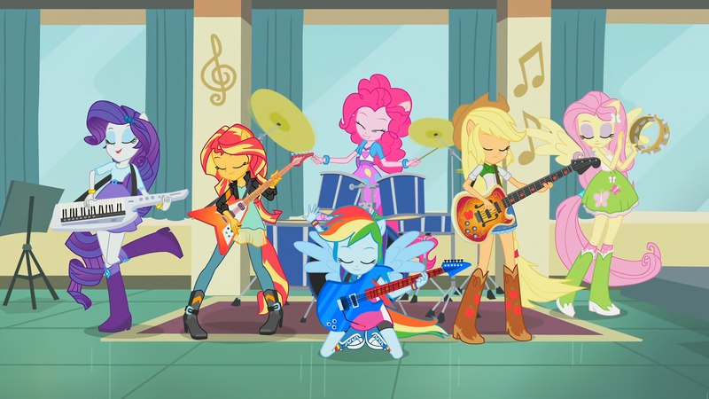 Size: 1920x1080 | Tagged: safe, derpibooru import, screencap, applejack, fluttershy, pinkie pie, rainbow dash, rarity, sunset shimmer, equestria girls, friendship games, bass guitar, drums, flying v, guitar, keytar, musical instrument, ponied up, tambourine, the rainbooms