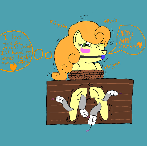 Size: 2212x2200 | Tagged: suggestive, artist:darkknighthoof, artist:icey-wicey-1517, derpibooru import, carrot top, golden harvest, earth pony, pony, ballgag, blue background, blushing, bondage, bondage furniture, colored, erotic tickling, feather, female, femsub, fetish, gag, heart, hoof fetish, hooves, mare, muffled laughter, offscreen character, one eye closed, rope, rope bondage, simple background, sketch, solo, solo female, stocks, submissive, thought bubble, tickle fetish, tickle torture, tickling, traditional art, underhoof