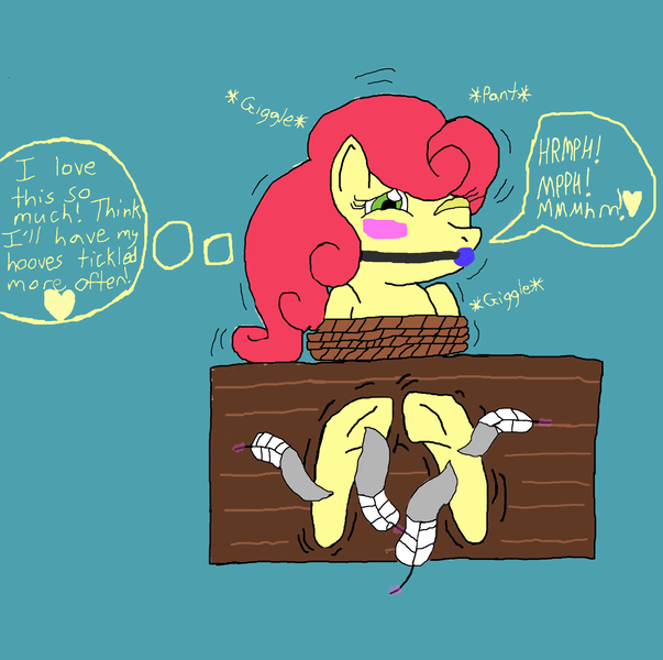 Size: 2212x2200 | Tagged: suggestive, artist:darkknighthoof, artist:icey-wicey-1517, derpibooru import, edit, strawberry sunrise, pegasus, pony, ballgag, blue background, blushing, bondage, bondage furniture, colored, erotic tickling, feather, female, fetish, gag, heart, hoof fetish, hooves, mare, muffled laughter, offscreen character, one eye closed, recolor, rope, rope bondage, simple background, sketch, solo, solo female, stocks, thought bubble, tickle fetish, tickle torture, tickling, traditional art, underhoof
