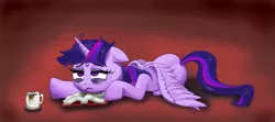 Size: 2801x1248 | Tagged: safe, artist:friendshipishorses, derpibooru import, twilight sparkle, twilight sparkle (alicorn), alicorn, pony, atg 2017, bags under eyes, book, coffee, coffee cup, cup, female, frown, mare, newbie artist training grounds, prone, solo, spread wings, tired, wings