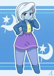 Size: 1000x1400 | Tagged: safe, artist:acesrockz, derpibooru import, trixie, equestria girls, boots, clothes, cute, cutie mark background, female, jacket, looking at you, moe, pantyhose, shoes, skirt, smiling, solo