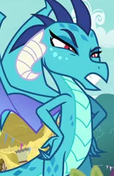 Size: 466x718 | Tagged: angry, cropped, derpibooru import, displeased, dragon, hands on waist, princess ember, raised eyebrow, safe, screencap, solo, triple threat
