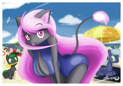 Size: 1733x1219 | Tagged: suggestive, artist:hardlugia, derpibooru import, oc, oc:angel heartstrings, oc:crazy, oc:moonlight drop, unofficial characters only, anthro, earth pony, pegasus, seagull, unicorn, anthro with ponies, banner, beach, beach umbrella, big breasts, blue sky, breasts, cat ears, cleavage, clothes, cloud, crowd, ear piercing, earring, fangs, female, gray coat, headphones, huge breasts, image, jewelry, leonine tail, long hair, male, ocean, piercing, pink eyes, pink hair, png, prone, sand, signature, swimsuit, tongue out, towel, umbrella, wiggle