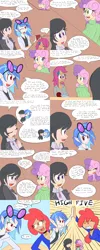 Size: 1600x4000 | Tagged: suggestive, artist:jake heritagu, derpibooru import, apple bloom, octavia melody, scootaloo, sweetie belle, vinyl scratch, oc, oc:lightning blitz, human, ask human octavia, comic:ask motherly scootaloo, baby, blushing, blushing profusely, breasts, clothes, comic, cutie mark crusaders, dialogue, female, hairpin, high five, humanized, humanized oc, lesbian, male, mother and son, motherly scootaloo, offspring, older, older apple bloom, older scootaloo, older sweetie belle, parent:rain catcher, parent:scootaloo, parents:catcherloo, scratchtavia, shipping, speech bubble, sweat, sweatdrop, sweater, sweatshirt, sweetiebloom