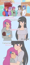 Size: 1280x2763 | Tagged: apple bloom, artist:jonfawkes, ask human octavia, baby, clothes, comic, comic:ask motherly scootaloo, derpibooru import, dialogue, female, hairpin, holding, hug, human, humanized, humanized oc, male, mother and son, motherly scootaloo, oc, oc:lightning blitz, octavia melody, offspring, older, older apple bloom, older scootaloo, older sweetie belle, parent:rain catcher, parents:catcherloo, parent:scootaloo, safe, scootaloo, speech bubble, sweater, sweatshirt, sweetie belle, vinyl scratch