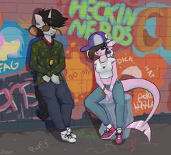 Size: 2206x2003 | Tagged: anthro, artist:marsminer, baseball cap, belly button, bow, cap, colored pupils, derpibooru import, female, gangsta, graffiti, hair bow, hat, male, midriff, oc, oc:ashee, oc:keith, plantigrade anthro, safe, sunglasses, thug, unofficial characters only