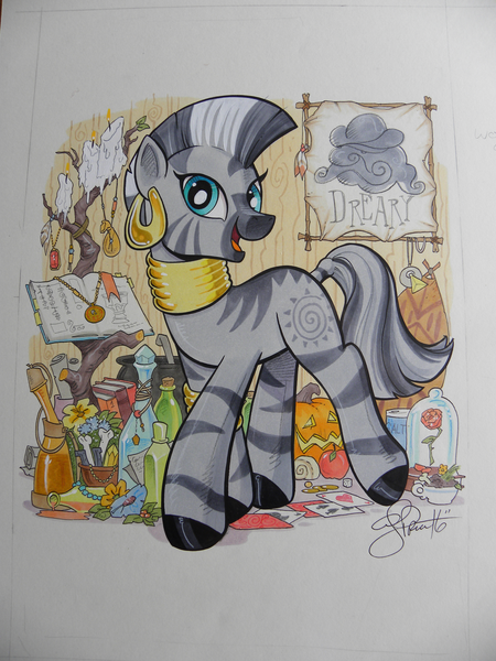 Size: 3000x4000 | Tagged: artist:andypriceart, beauty and the beast, book, candle, cauldron, colored pencil drawing, cute, derpibooru import, dreary, female, flower, jewelry, looking at you, mare, marker drawing, photo, pumpkin, rose, safe, smiling, solo, traditional art, zebra, zecora, zecorable