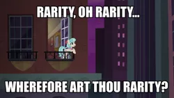 Size: 958x539 | Tagged: safe, derpibooru import, edit, edited screencap, screencap, coco pommel, earth pony, pony, made in manehattan, balcony, bronclyn, coco's apartment, coco's apartment building, female, image macro, impact font, implied lesbian, implied marshmallow coco, manehattan, mare, meme, romeo and juliet, shakespeare, solo, text