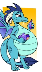 Size: 1400x2405 | Tagged: adorafatty, artist:duragan, belly, bloated, chubby, crystal, cute, derpibooru import, dragon, dragoness, dragonlard ember, eating, emberbetes, fat, female, gem, gradient background, not pregnant, princess ember, safe, spread wings, standing, stuffed, stuffing, triple threat, weight gain, wings