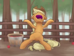 Size: 1024x768 | Tagged: safe, artist:vanillaghosties, derpibooru import, applejack, earth pony, pony, apple, atg 2017, drool, female, fence, food, mare, newbie artist training grounds, open mouth, sleeping, solo, sweet apple acres, tired, tree, zzz