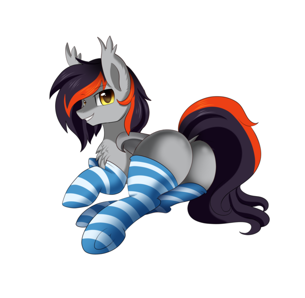 Size: 2459x2406 | Tagged: suggestive, artist:pridark, derpibooru import, oc, oc:toshiro, unofficial characters only, bat pony, pony, bat pony oc, blank flank, clothes, commission, looking at you, looking back, male, plot, simple background, smiling, socks, solo, solo male, stockings, striped socks, thigh highs, transparent background