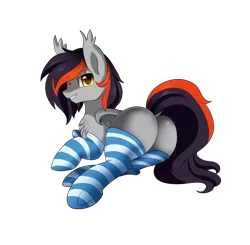 Size: 2459x2406 | Tagged: suggestive, artist:pridark, derpibooru import, oc, oc:toshiro, unofficial characters only, bat pony, pony, bat pony oc, blank flank, clothes, commission, looking at you, looking back, male, plot, simple background, smiling, socks, solo, solo male, stockings, striped socks, thigh highs, transparent background