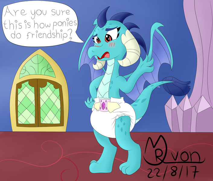 Size: 2000x1700 | Tagged: artist:mrvonfuzzlebutt, blushing, cute, derpibooru import, diaper, diaper fetish, dragon, female, fetish, poofy diaper, princess ember, questionable, solo, solo female