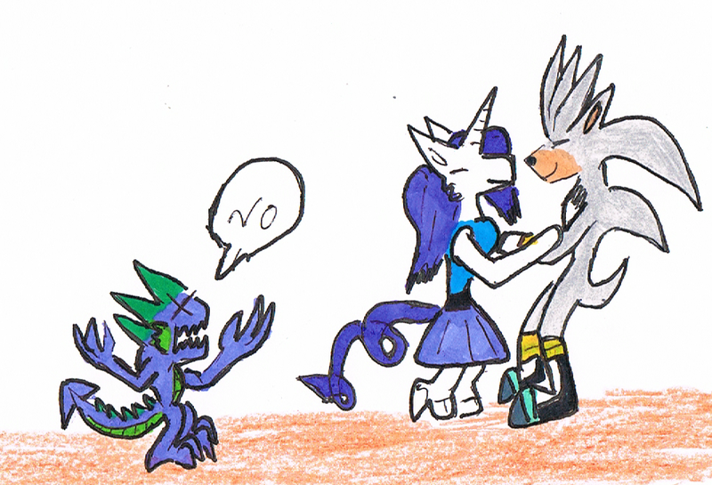 Size: 980x668 | Tagged: artist:sinako777, commission, crossover, crossover shipping, derpibooru import, dragon, female, male, rarity, safe, shipping, silver the hedgehog, sonic the hedgehog (series), spike, straight, traditional art