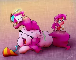 Size: 1280x1000 | Tagged: safe, artist:klemm, derpibooru import, pinkie pie, earth pony, pony, atg 2017, chibi, cute, diapinkes, eyes closed, female, mare, newbie artist training grounds, prone, shoulder angel, shoulder devil, simple background, sleepy, yawn