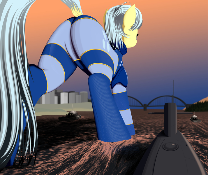 Size: 5000x4200 | Tagged: suggestive, artist:styroponyworks, derpibooru import, oc, oc:ultramare, unofficial characters only, earth pony, pony, absurd resolution, boat, bridge, city, clothes, dock, female, giant pony, macro, mare, plot, rear view, solo, submarine, water