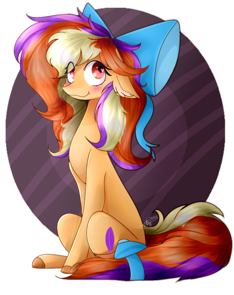 Size: 831x1050 | Tagged: safe, artist:darainbowpie, derpibooru import, oc, oc:pleasant plume, unofficial characters only, earth pony, pony, :t, abstract background, art trade, blushing, bow, ear fluff, female, hair bow, heart eyes, looking at you, mare, sitting, tail bow, wingding eyes